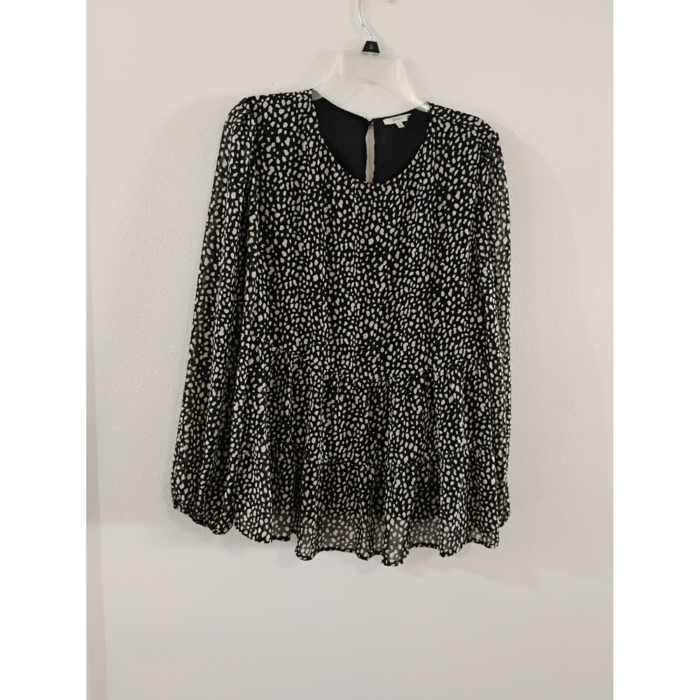 Jodifl Black White Pebble Print Tiered Peplum Blouse Sheer Long Sleeve Large